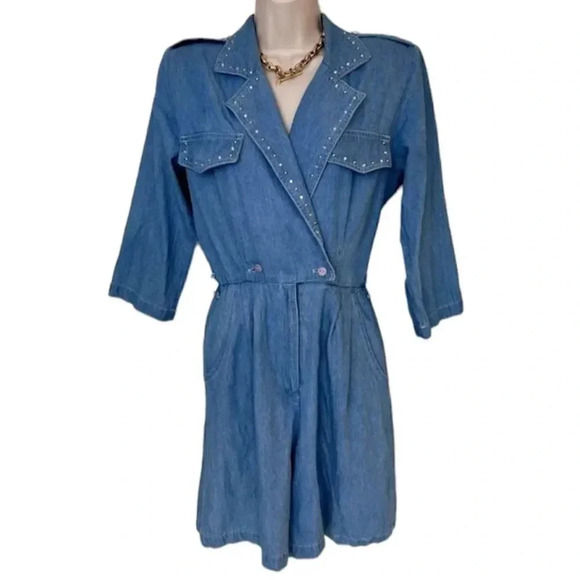 Vintage MCM 𝅺D. Frank bedazzled jean denim short jumpsuit size 6 - Picture 1 of 15